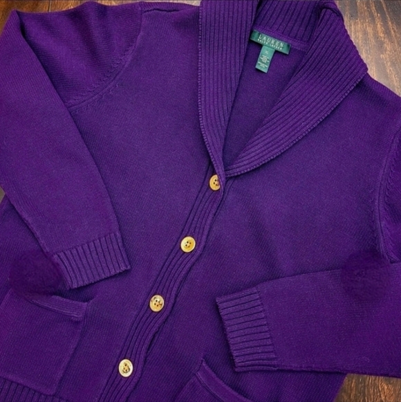 NWT Lauren Ralph Lauren Deep Purple Cardigan Small Gold Buttons Cozy Chic - Picture 5 of 8
